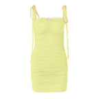 Ruched lace hem self tie square neck backless mini dress