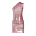 Metallic one shoulder ruched sleeveless irregular mini dress