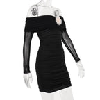 Flower applique mesh ruched off shoulder long sleeve mini dress