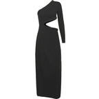 Long sleeve solid hollow out one shoulder backless midi dress - Final Sale