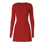 Ribbed solid long sleeve gloves lace up ruffle mini dress