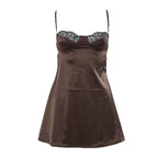 Lace hem satin ruched hollow out backless cami mini dress