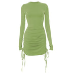 Long sleeve drawstring gloves solid mini dress