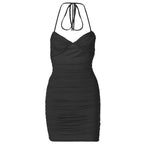 Sleeveless solid halter ruched backless self tie mini dress
