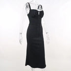 Ruched solid lace up self tie backless sleeveless midi dress