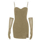 Gloves solid beaded slit sweetheart neck cami mini dress