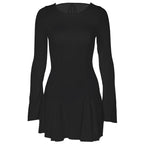 Pleated solid long sleeve self tie backless mini dress