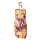 Cross front contrast print halter ruched backless mini dress