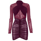 Ruched long sleeve cross front sheer mesh see through mini dress