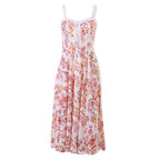 Flower print ruched self tie sleeveless contrast slit zip-up midi dress