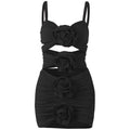 Solid ruched hollow out flower applique backless mini dress