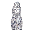 Snakeskin print hollow out self tie backless mini dress