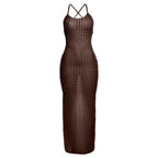 Cross back self tie backless u neck textured solid maxi dress