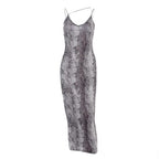 Leopard print contrast spaghetti strap u neck backless midi dress