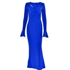 Ruched solid hollow out irregular long sleeve maxi dress