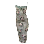 Flower print contrast backless lace hem zip-up midi dress