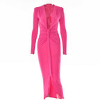 Long sleeve v neck solid ruched slit midi dress