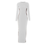 Patchwork contrast long sleeve slit crewneck maxi dress