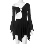 Long flared sleeve irregular solid ruffle o ring hollow out mini dress