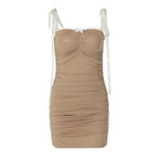Ruched lace hem self tie square neck backless mini dress