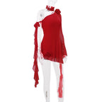 Long flared sleeve one shoulder ruffle flower applique mesh mini dress
