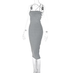 Cross back lace up self tie backless solid square neck midi dress