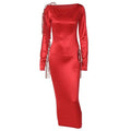 Long sleeve solid satin hollow out self tie crewneck midi dress