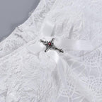 Hollow out off shoulder short sleeve cross applique bowknot lace hem mini dress