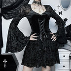 Flared sleeve velvet lace up solid patchwork mini dress