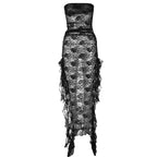 Slit ribbon lace see through solid tube maxi dress