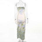 Flower print slit irregular contrast backless maxi dress
