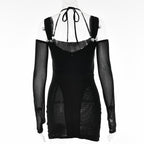 Gloves mesh corset off shoulder hollow out long sleeve halter mini dress