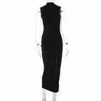 High neck sleeveless solid slit irregular midi dress