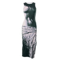 Contrast print sleeveless crewneck slit midi dress