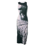 Contrast print sleeveless crewneck slit midi dress