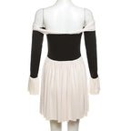 Bowknot off shoulder ruched contrast patchwork mini dress