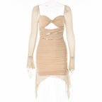 Long sleeve solid hollow out slit mesh ruched zip-up backless mini dress