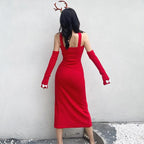 Solid halter bowknot applique slit gloves midi dress