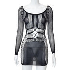 Fishnet long sleeve hollow out see through mini dress
