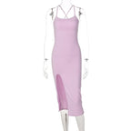 Cross back solid slit backless sleeveless midi dress