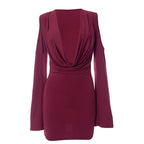 Long flared sleeve off shoulder cowl neck ruched solid mini dress