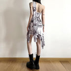 Contrast print halter ruched irregular ruffle backless mini dress