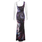 Contrast print irregular sleeveless backless maxi dress