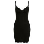 Lace hem solid v neck backless cami mini dress