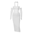 Gloves halter solid button hollow out backless midi dress