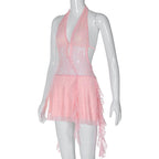 PRE ORDER - Halter v neck backless lace self tie hollow out mini dress