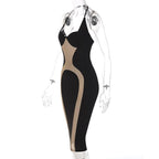 Mesh see through hollow out halter midi dress