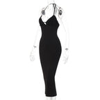 Sleeveless solid hollow out slit self tie backless midi dress