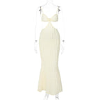 Solid hollow out waffle backless cami midi dress