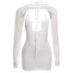 Fishnet hollow out solid long sleeve backless shrug mini dress